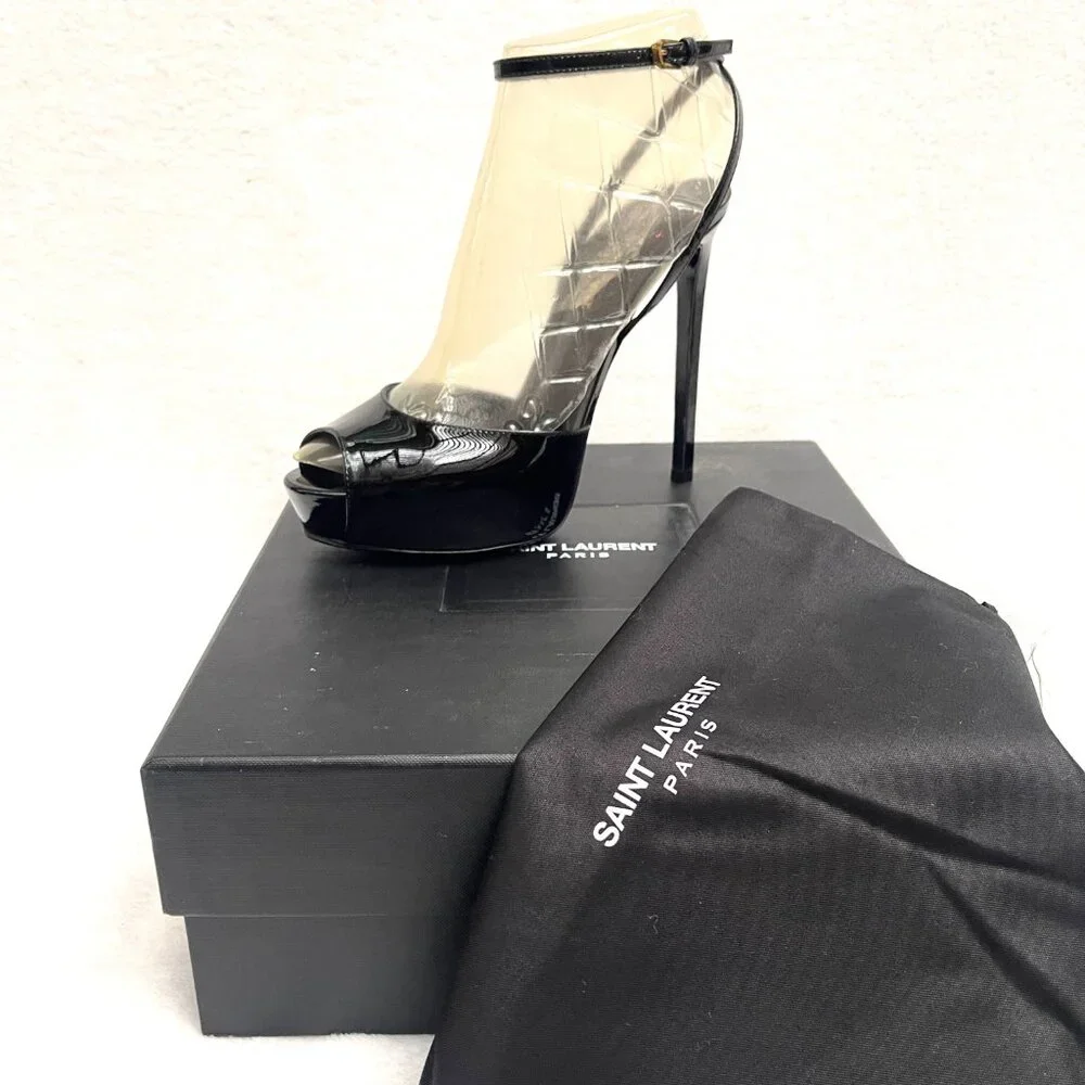 Yves Saint Laurent Kika patent leather peep toe platform ankle strap heels 8